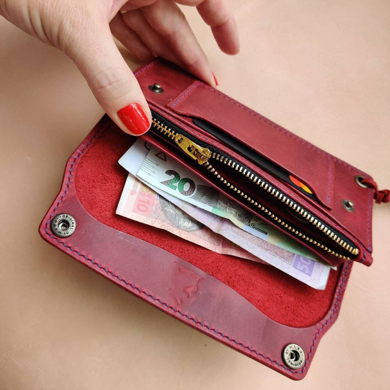 Long Trucker Wallet With A Ring For Chain Or Lanyard , Handmade Wallet For Rider, Biker or Trucker