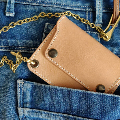 Short Trucker Wallet With A Ring For Chain or Lanyard, Unpainted Veg Tanned Wallet For Rider, Biker or Trucker