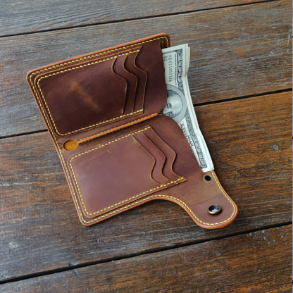 Leather Biker Wallet With Decorative Concho Button, Trucker Wallet With Ring For Chain or Lanyard, Travel Western Wallet