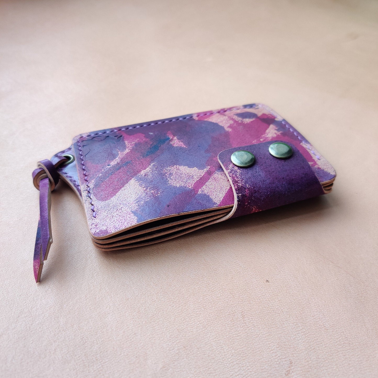 Rocado Shell Cordovan Reverse Leather Card Holder With A Ring For Chain Or Lanyard, Pocket Mini Wallet, Minimalist Card Holder Case