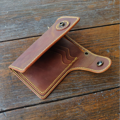 Leather Biker Wallet With Decorative Concho Button, Trucker Wallet With Ring For Chain or Lanyard, Travel Western Wallet