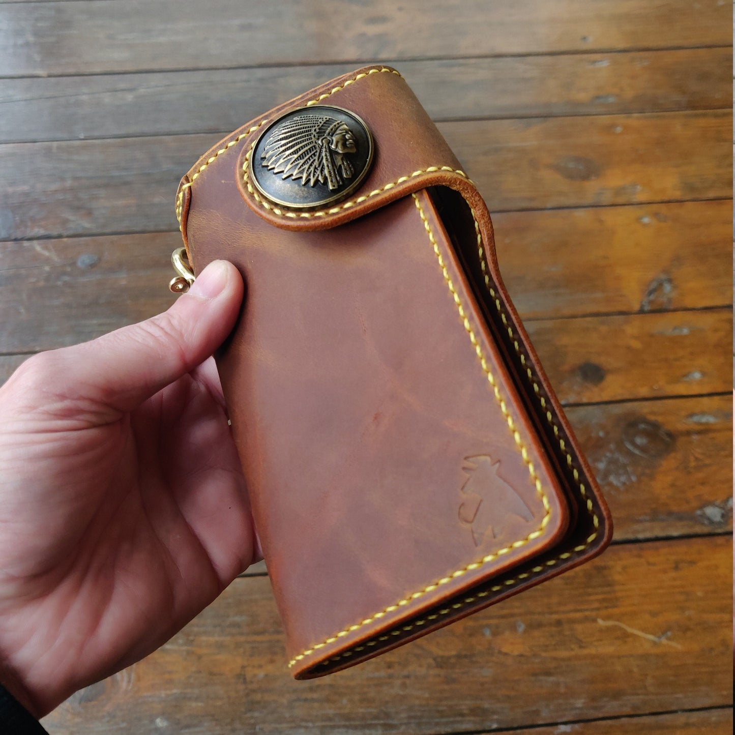 Leather Biker Wallet With Decorative Concho Button, Trucker Wallet With Ring For Chain or Lanyard, Travel Western Wallet