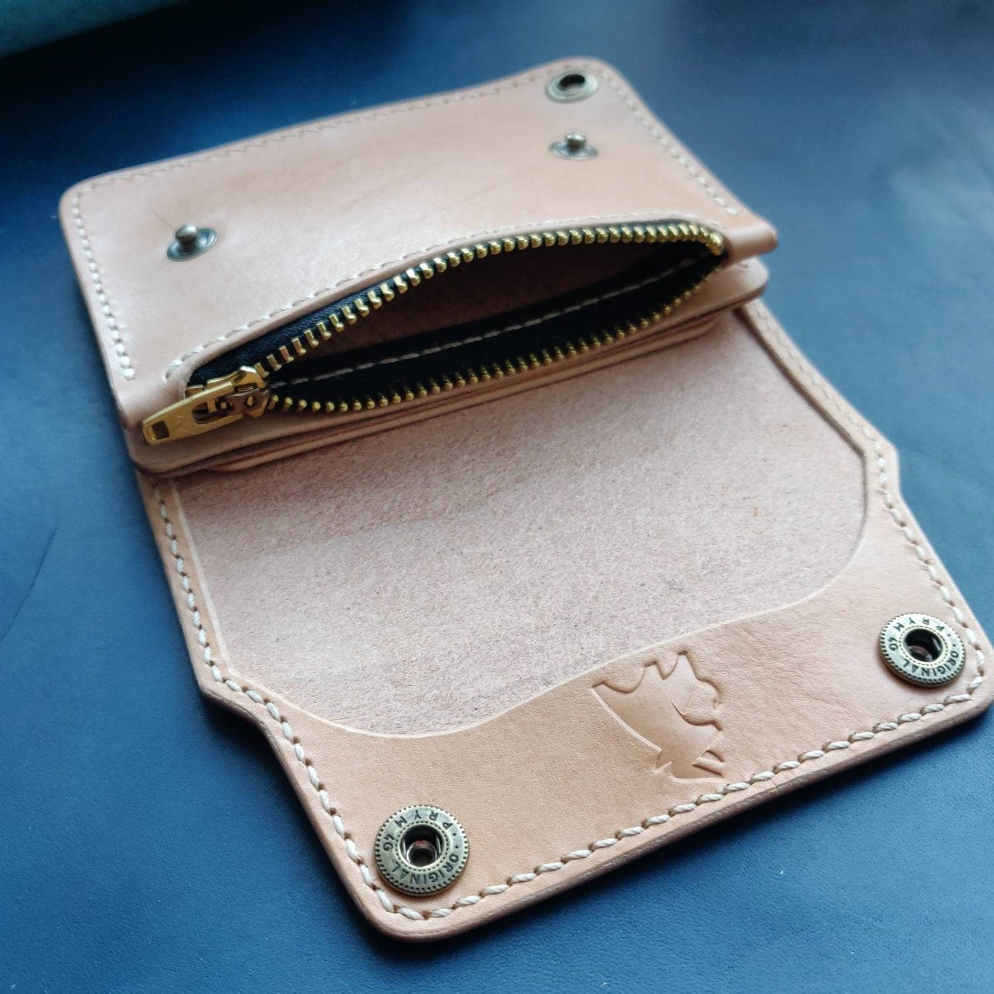 Short Trucker Wallet With A Ring For Chain or Lanyard, Unpainted Veg Tanned Wallet For Rider, Biker or Trucker