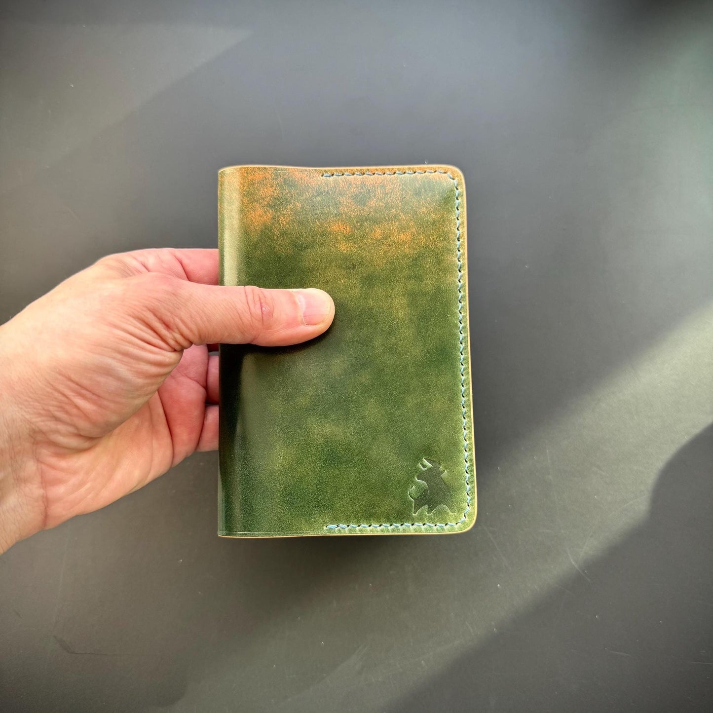 Handmade Shell Cordovan Passport Cover – Marbled Green Apple – Rocado Leather – Luxury Travel Wallet – Hand-stitched