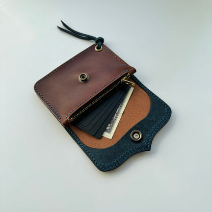 Short Trucker Wallet With A Ring For Chain Or Lanyard, Veg Tan Wallet, Stylish Wallet For Rider, Biker or Trucker