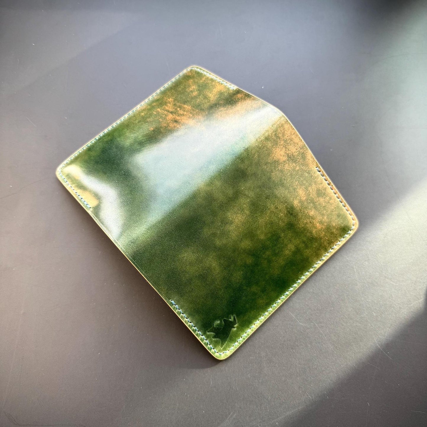 Handmade Shell Cordovan Passport Cover – Marbled Green Apple – Rocado Leather – Luxury Travel Wallet – Hand-stitched