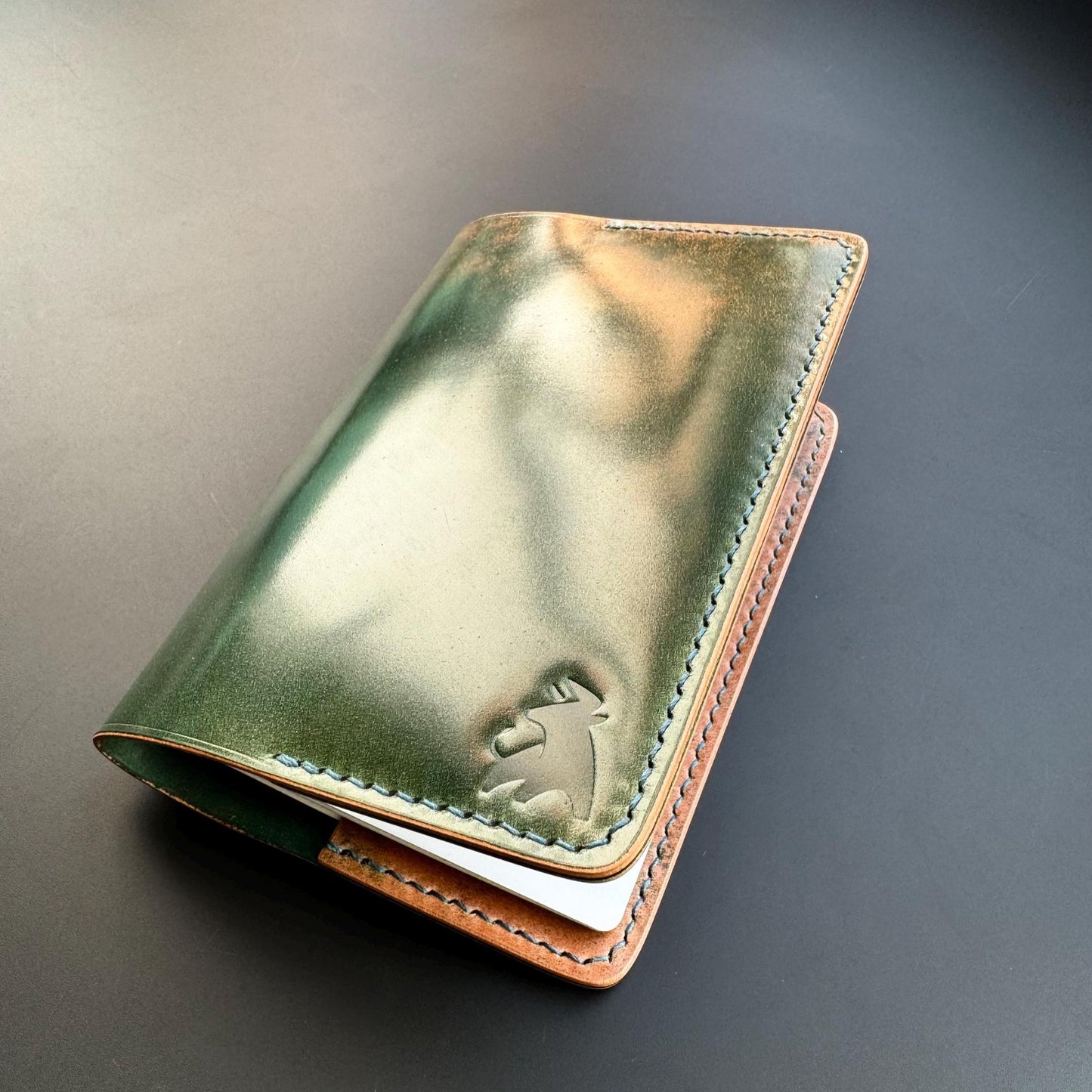 Handmade Shell Cordovan Passport Cover – Marbled Green Apple – Rocado Leather – Luxury Travel Wallet – Hand-stitched