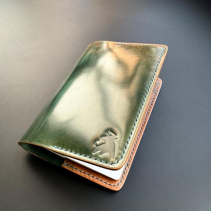 Handmade Shell Cordovan Passport Cover – Marbled Green Apple – Rocado Leather – Luxury Travel Wallet – Hand-stitched