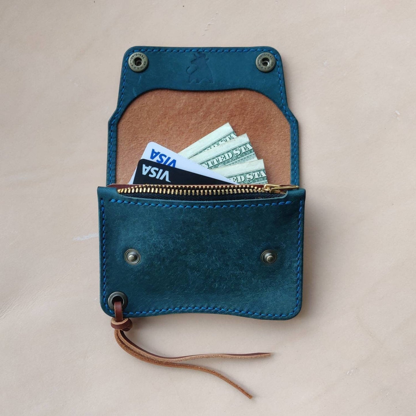 Short Trucker Wallet With A Ring For Chain Or Lanyard, Veg Tan Wallet, Stylish Wallet For Rider, Biker or Trucker