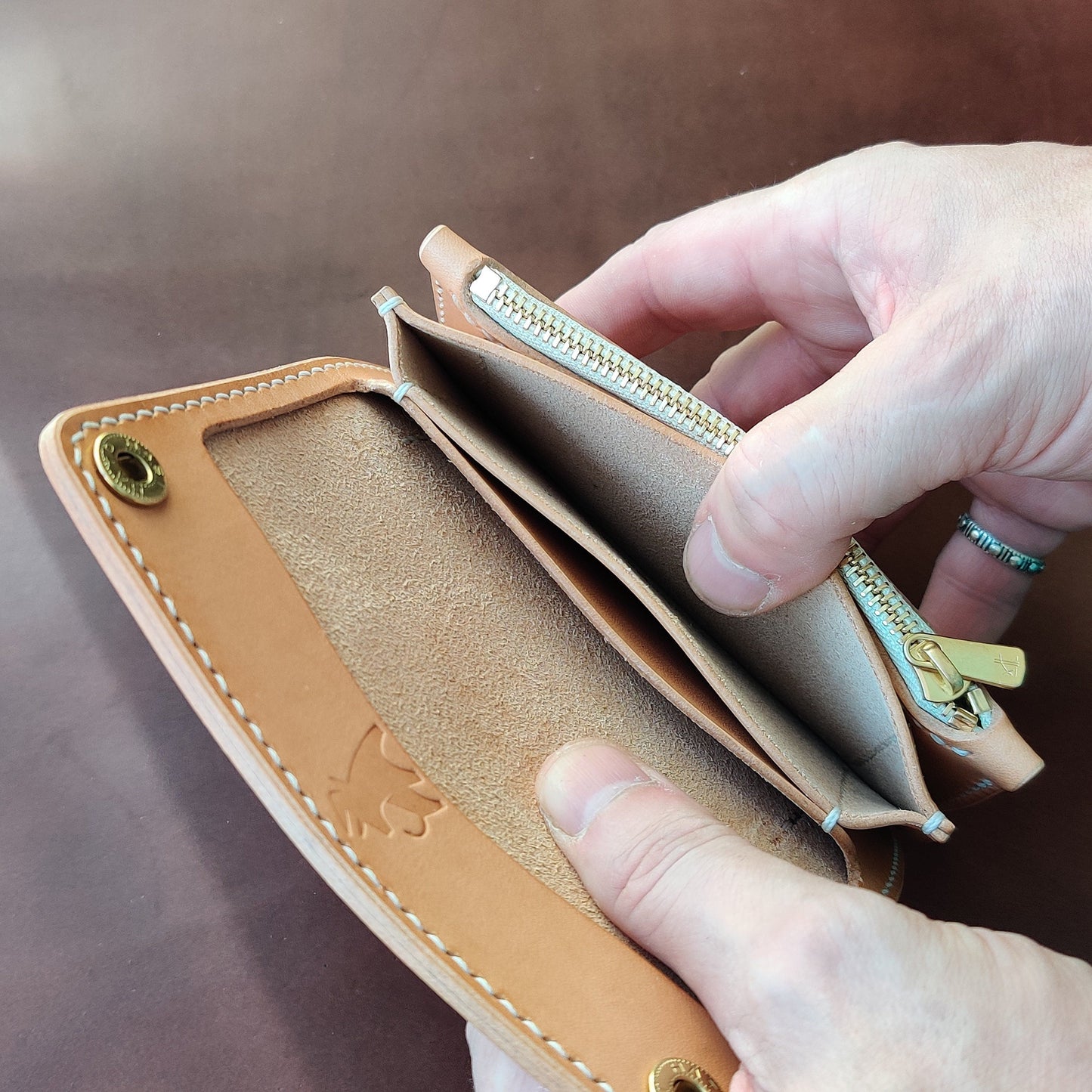Vegetable Tanned Natural Leather Mini Trucker Wallet, Luxury Compact Wallet