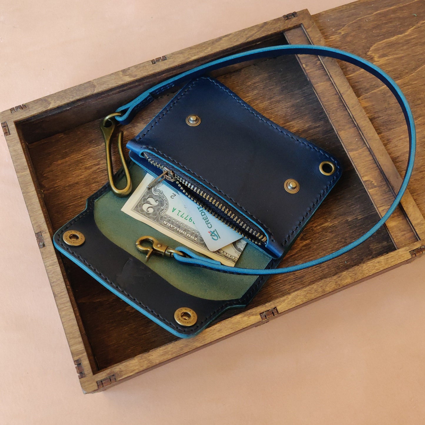 Short Trucker Wallet With A Ring For Chain Or Lanyard, Veg Tan Wallet, Stylish Wallet For Rider, Biker or Trucker