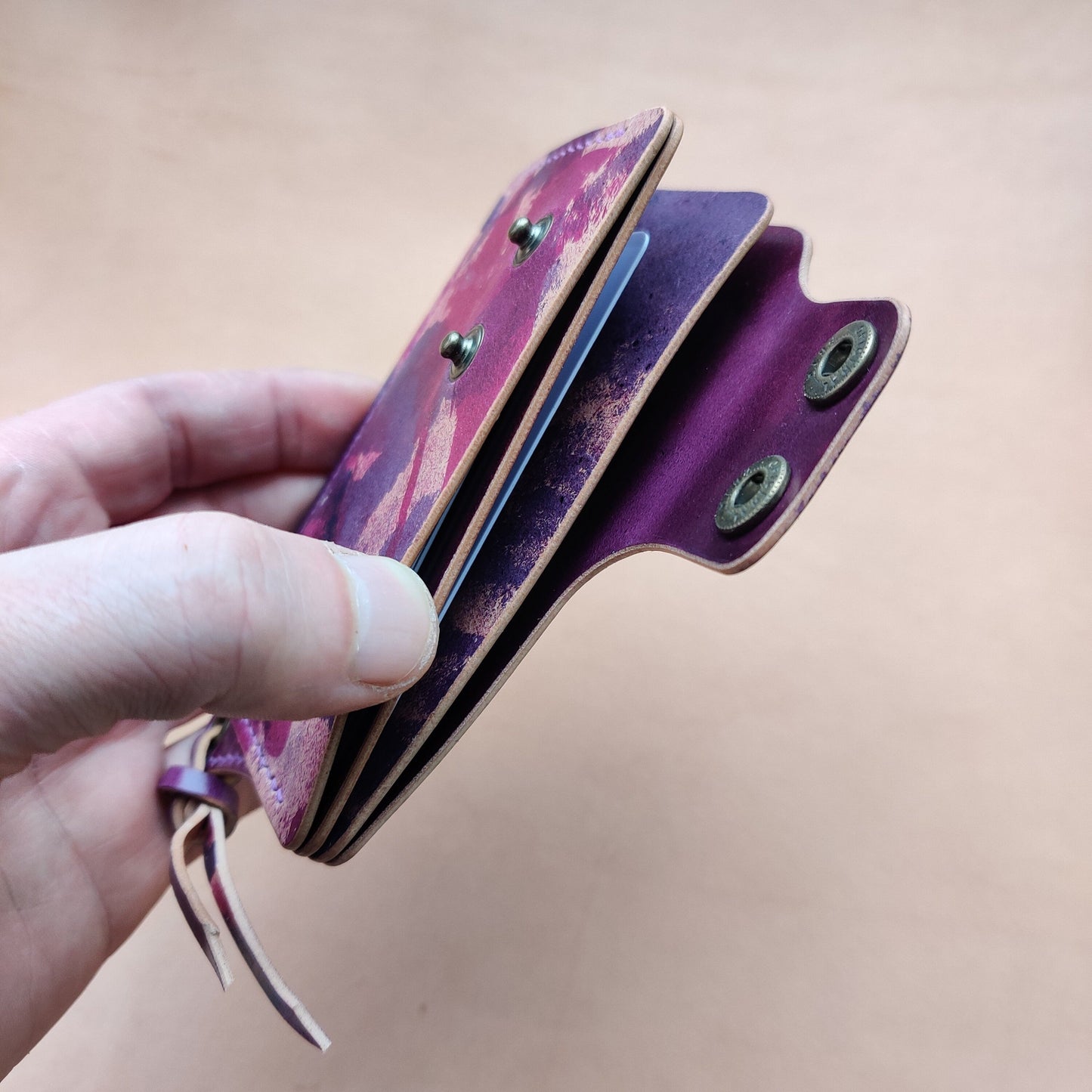 Rocado Shell Cordovan Reverse Leather Card Holder With A Ring For Chain Or Lanyard, Pocket Mini Wallet, Minimalist Card Holder Case