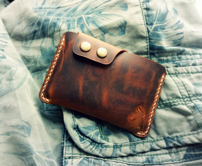 Leather Slim And Simple Card Holder, Minimalist, Compact Wallet For Cards And Folded Bills, Credit Card Holder With Two Snaps