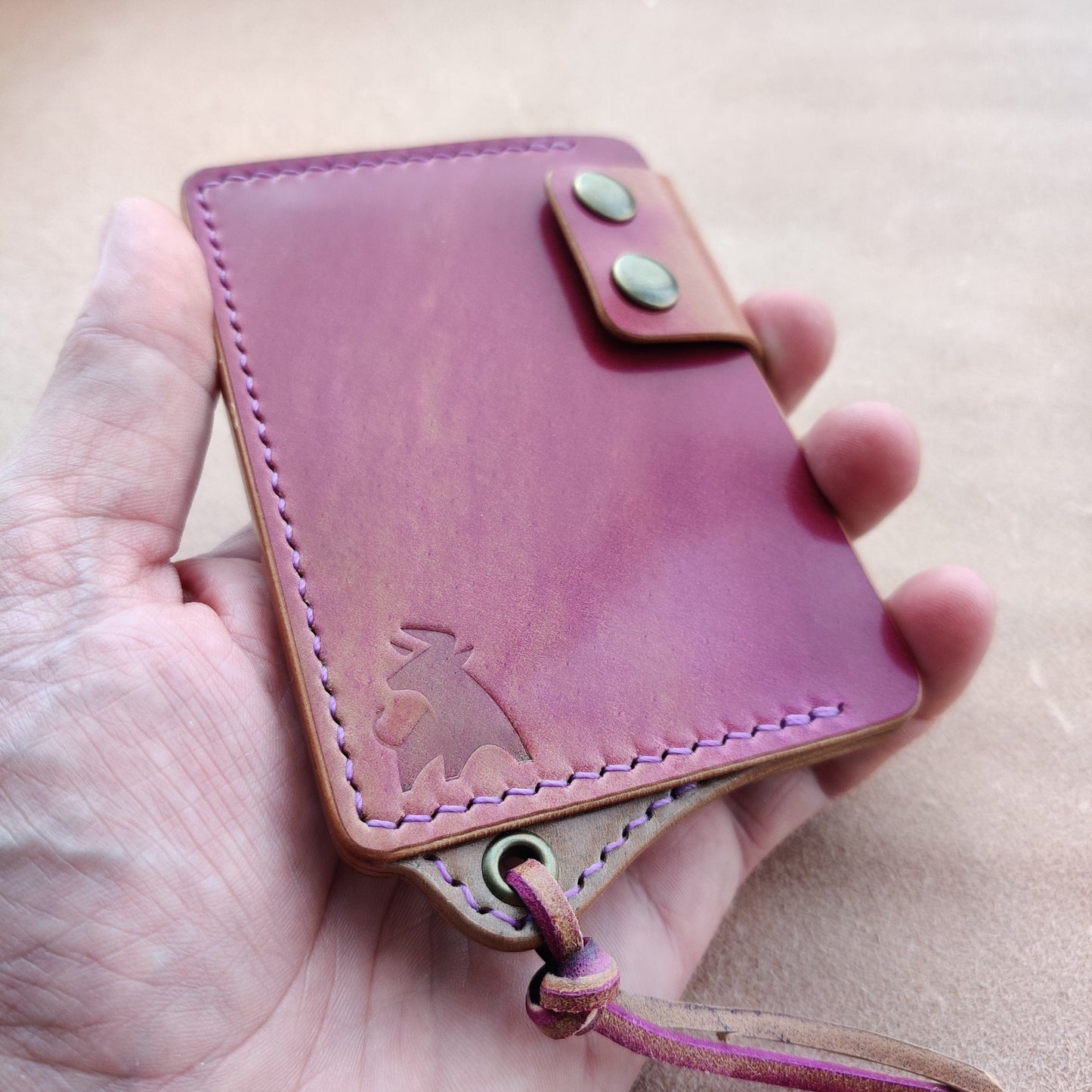 Rocado Shell Cordovan Leather Card Holder With A Ring For Chain Or Lanyard, Pocket Mini Wallet, Minimalist Card Holder Case