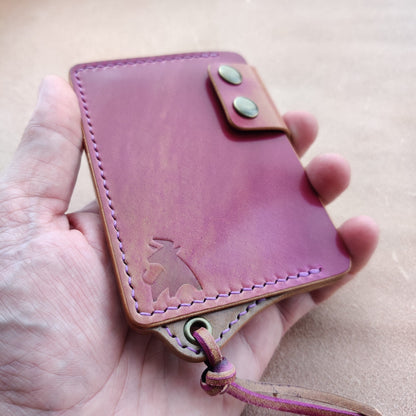 Rocado Shell Cordovan Leather Card Holder With A Ring For Chain Or Lanyard, Pocket Mini Wallet, Minimalist Card Holder Case