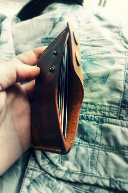 Leather Slim And Simple Card Holder, Minimalist, Compact Wallet For Cards And Folded Bills, Credit Card Holder With Two Snaps