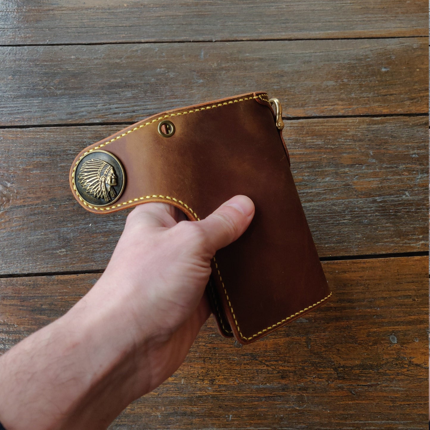 Leather Biker Wallet With Decorative Concho Button, Trucker Wallet With Ring For Chain or Lanyard, Travel Western Wallet