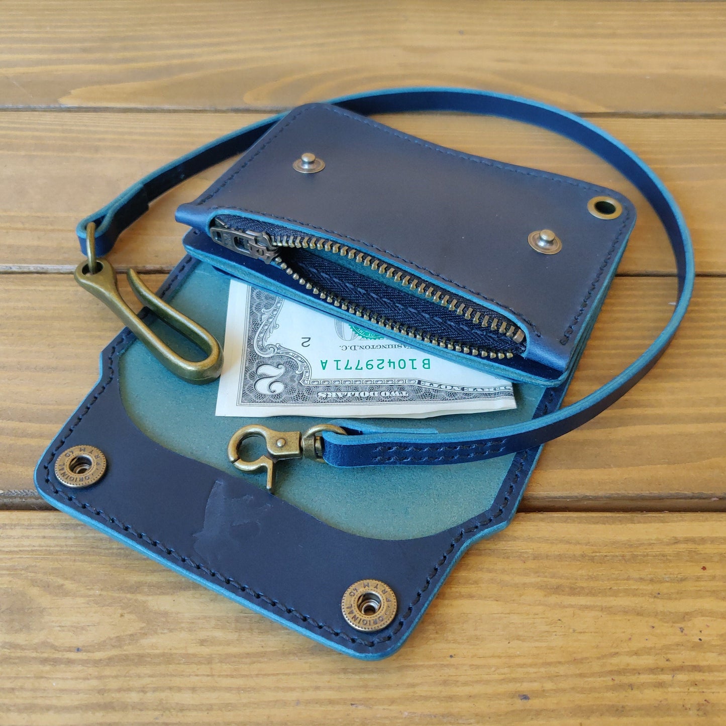 Short Trucker Wallet With A Ring For Chain Or Lanyard, Veg Tan Wallet, Stylish Wallet For Rider, Biker or Trucker