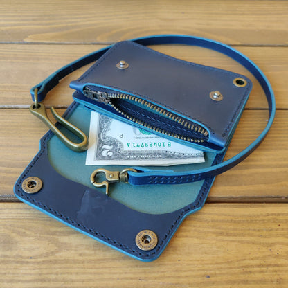 Short Trucker Wallet With A Ring For Chain Or Lanyard, Veg Tan Wallet, Stylish Wallet For Rider, Biker or Trucker