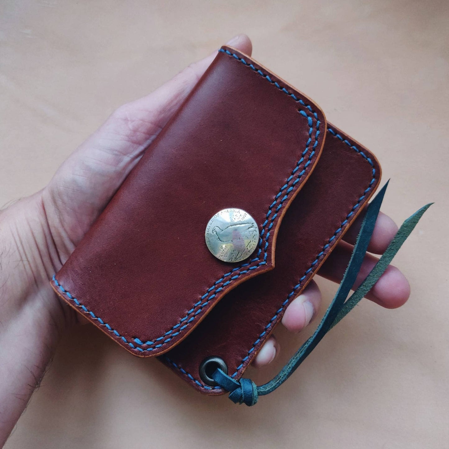 Short Trucker Wallet With A Ring For Chain Or Lanyard, Veg Tan Wallet, Stylish Wallet For Rider, Biker or Trucker
