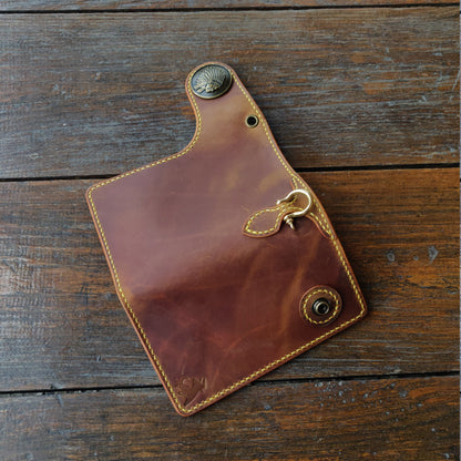 Leather Biker Wallet With Decorative Concho Button, Trucker Wallet With Ring For Chain or Lanyard, Travel Western Wallet