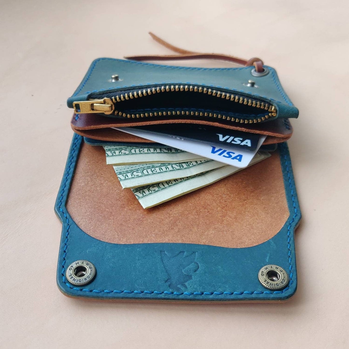Short Trucker Wallet With A Ring For Chain Or Lanyard, Veg Tan Wallet, Stylish Wallet For Rider, Biker or Trucker