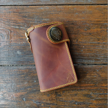 Leather Biker Wallet With Decorative Concho Button, Trucker Wallet With Ring For Chain or Lanyard, Travel Western Wallet