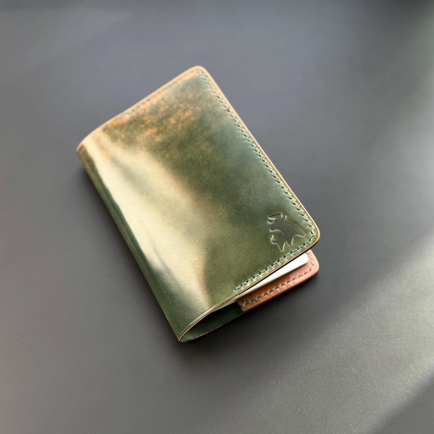 Handmade Shell Cordovan Passport Cover – Marbled Green Apple – Rocado Leather – Luxury Travel Wallet – Hand-stitched