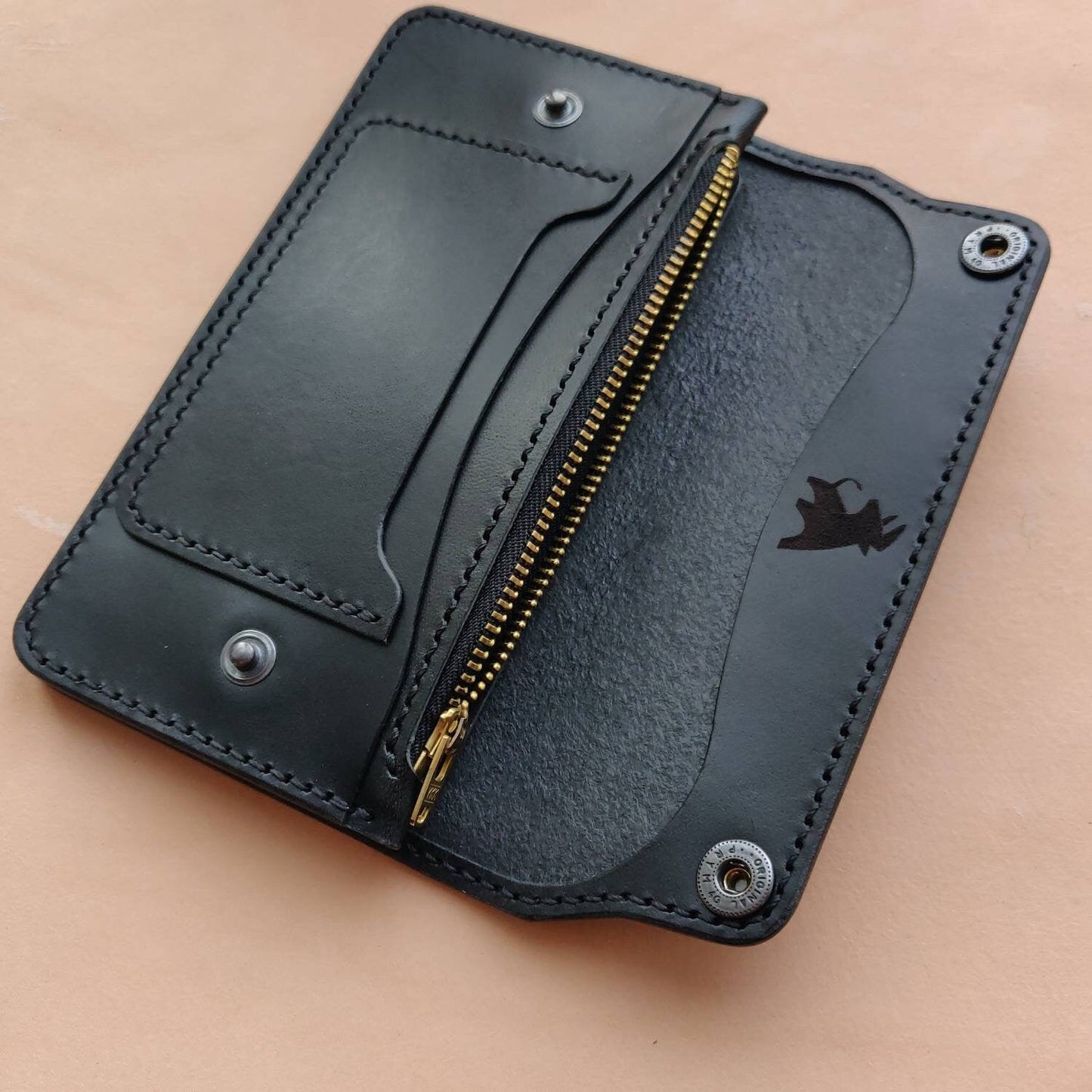 Long Trucker Leather Wallet With A Hole For Chain Or Lanyard , Handmade Wallet For Rider, Biker or Trucker